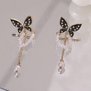 Gold Black Enamel Butterfly Pearl Tassel Drop Dangle Stud Earrings Party Gift